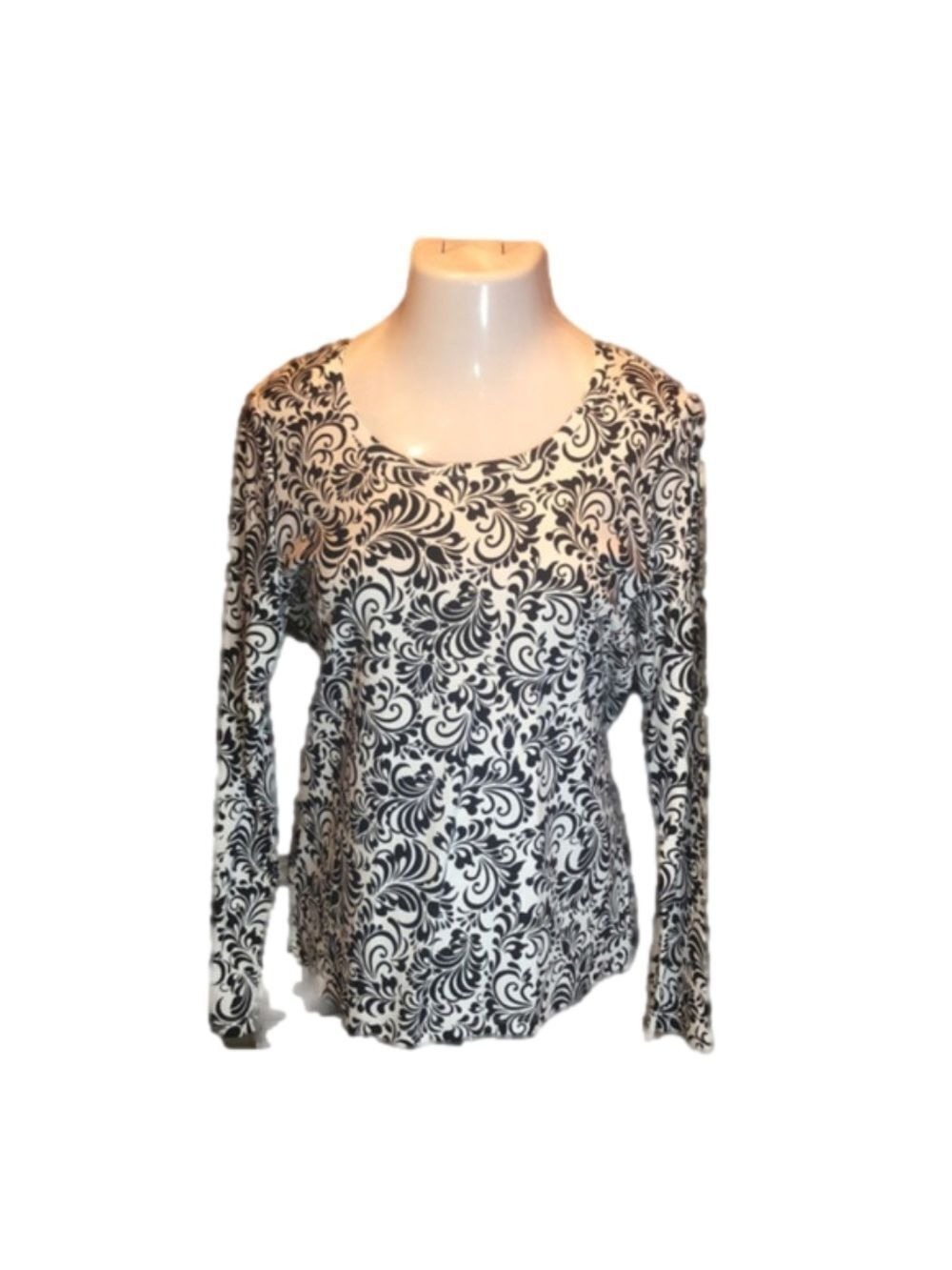 WHITE STAG Like New Black & White Print Scoop Neck Stretchy Top Size 12-14